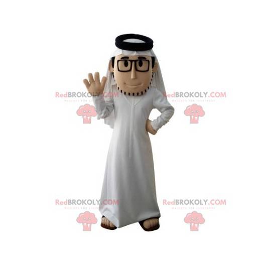 Mascotte met baard-sultan met een witte outfit en een bril -
