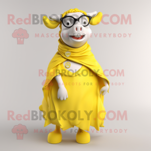 Lemon Yellow Hereford Cow mascot costume character dressed with a Wrap Dress and Eyeglasses