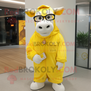 Lemon Yellow Hereford Cow mascot costume character dressed with a Wrap Dress and Eyeglasses