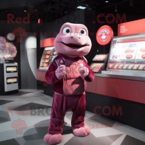 Maroon Pink mascot costume character dressed with a Turtleneck and Coin purses