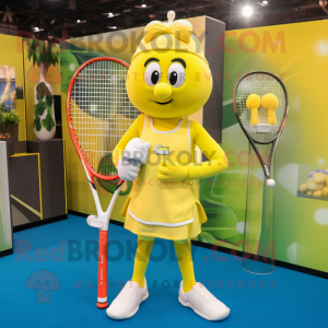 Yellow Tennis Racket mascot costume character dressed with a Culottes and Backpacks