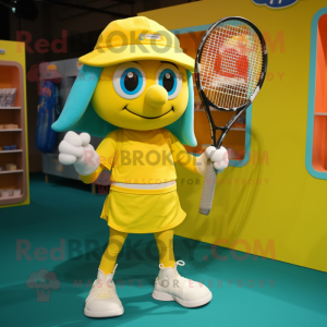 Yellow Tennis Racket mascot costume character dressed with a Culottes and Backpacks