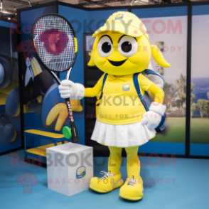 Yellow Tennis Racket mascot costume character dressed with a Culottes and Backpacks