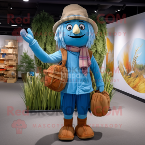 Sky Blue Scarecrow mascot costume character dressed with a Cardigan and Backpacks