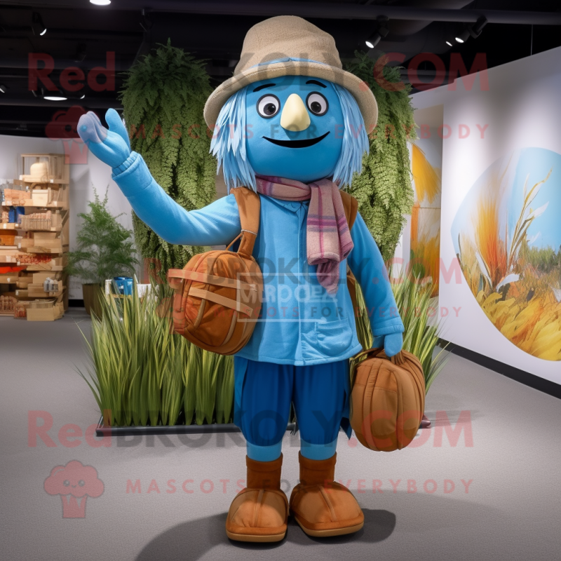 Sky Blue Scarecrow mascot costume character dressed with a Cardigan and Backpacks Sky Blue Scarecrow mascot costume character dressed with a Cardigan and Backpacks