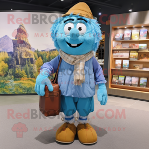 Sky Blue Scarecrow mascot costume character dressed with a Cardigan and Backpacks