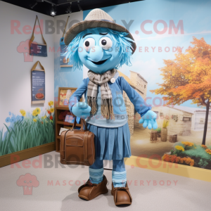 Sky Blue Scarecrow mascot costume character dressed with a Cardigan and Backpacks