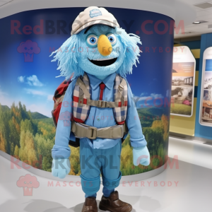 Sky Blue Scarecrow mascot costume character dressed with a Cardigan and Backpacks