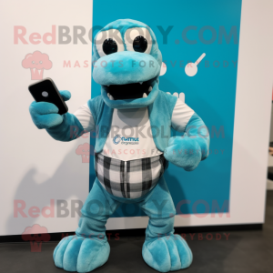 Cyan Hydra mascot costume character dressed with a Flannel Shirt and Smartwatches