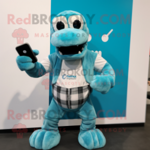 Cyan Hydra mascot costume character dressed with a Flannel Shirt and Smartwatches