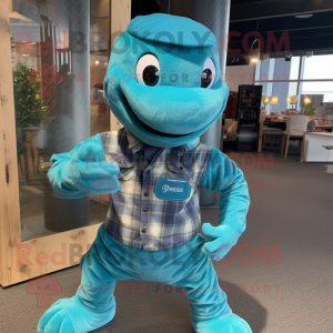 Cyan Hydra mascot costume character dressed with a Flannel Shirt and Smartwatches