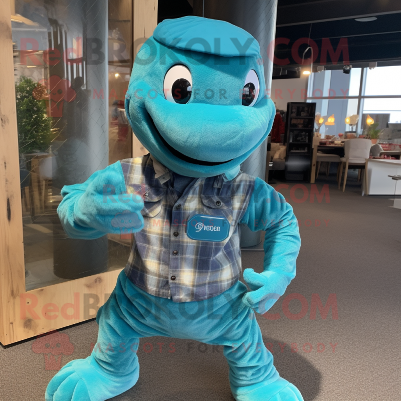 Cyan Hydra mascot costume character dressed with a Flannel Shirt and Smartwatches Cyan Hydra mascot costume character dressed with a Flannel Shirt and Smartwatches