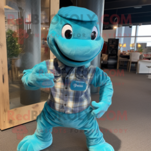 Cyan Hydra mascot costume character dressed with a Flannel Shirt and Smartwatches