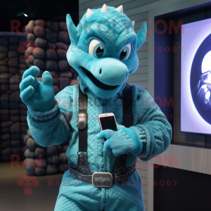 Cyan Hydra mascot costume character dressed with a Flannel Shirt and Smartwatches