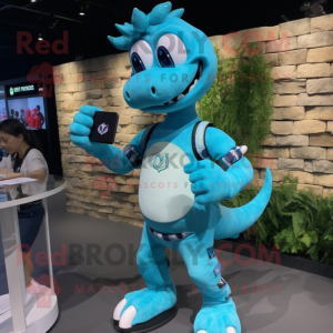 Cyan Hydra mascot costume character dressed with a Flannel Shirt and Smartwatches