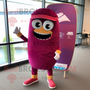 Magenta Tacos mascot costume character dressed with a Board Shorts and Shoe laces