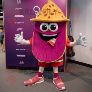 Magenta Tacos mascot costume character dressed with a Board Shorts and Shoe laces