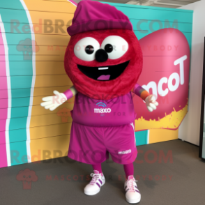 Magenta Tacos mascot costume character dressed with a Board Shorts and Shoe laces