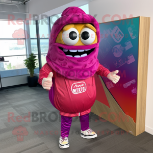 Magenta Tacos mascot costume character dressed with a Board Shorts and Shoe laces