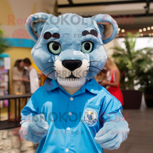 Sky Blue Mountain Lion mascot costume character dressed with a Button-Up Shirt and Hair clips