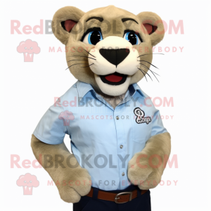 Sky Blue Mountain Lion mascot costume character dressed with a Button-Up Shirt and Hair clips