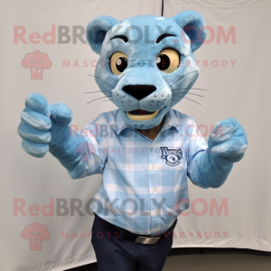 Sky Blue Mountain Lion mascot costume character dressed with a Button-Up Shirt and Hair clips