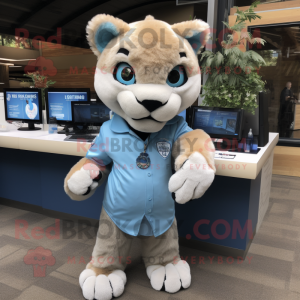 Sky Blue Mountain Lion mascot costume character dressed with a Button-Up Shirt and Hair clips