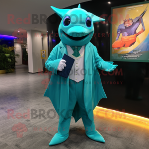 Turquoise Manta Ray mascot costume character dressed with a Suit Pants and Coin purses