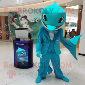 Turquoise Manta Ray mascot costume character dressed with a Suit Pants and Coin purses