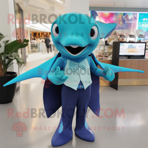 Turquoise Manta Ray mascot costume character dressed with a Suit Pants and Coin purses