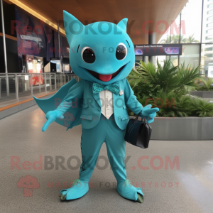 Turquoise Manta Ray mascot costume character dressed with a Suit Pants and Coin purses