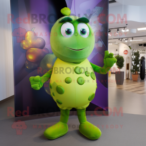 Lime Green Grape mascot costume character dressed with a Turtleneck and Rings