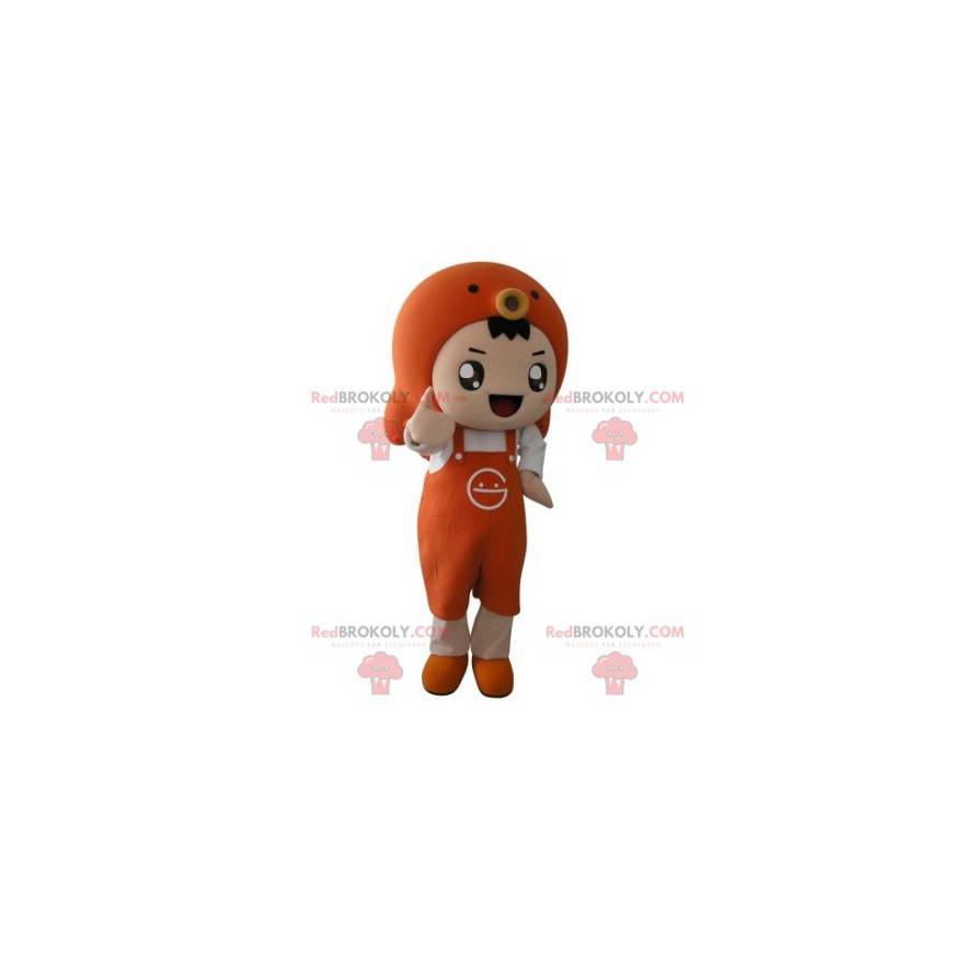 Orange Boy Maskottchen mit einer Schürze und einem Fisch -