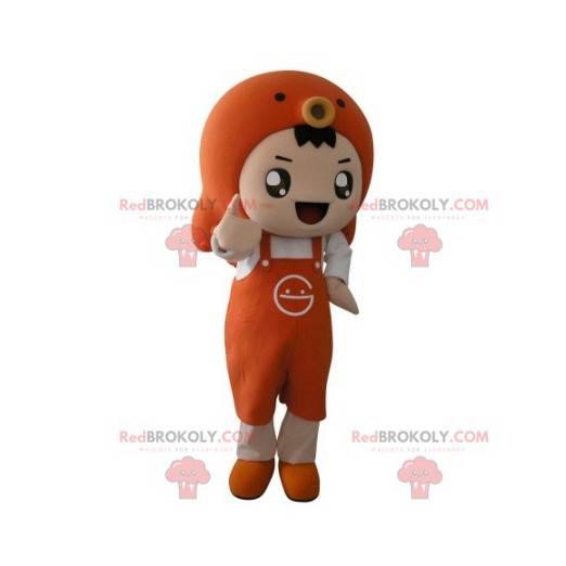 Mascote laranja com um avental e um peixe - Redbrokoly.com