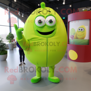 Lime Green Grape mascot costume character dressed with a Turtleneck and Rings