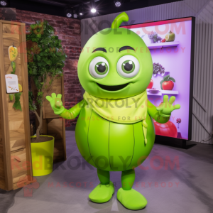 Lime Green Grape mascot costume character dressed with a Turtleneck and Rings