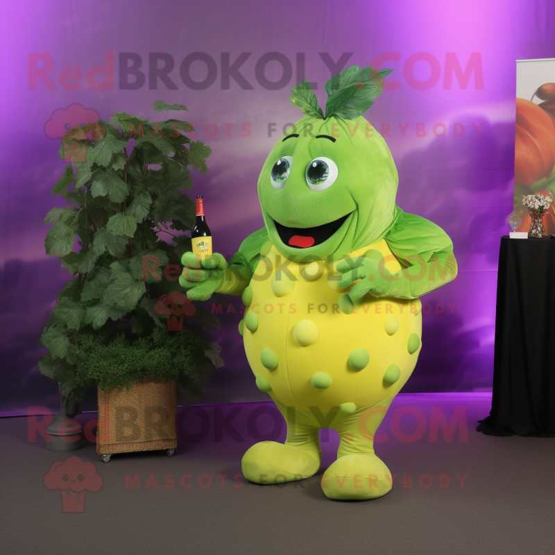 Lime Green Grape mascot costume character dressed with a Turtleneck and Rings