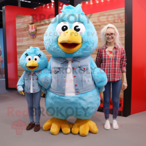 Sky Blue Fried Chicken mascot costume character dressed with a Flannel Shirt and Coin purses