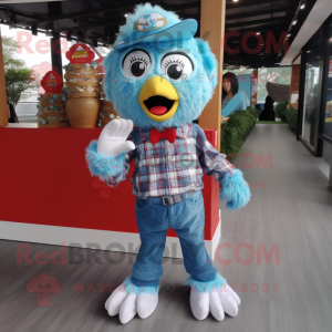 Sky Blue Fried Chicken mascot costume character dressed with a Flannel Shirt and Coin purses