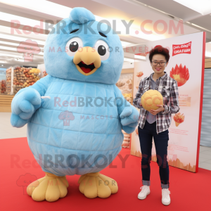 Sky Blue Fried Chicken mascot costume character dressed with a Flannel Shirt and Coin purses