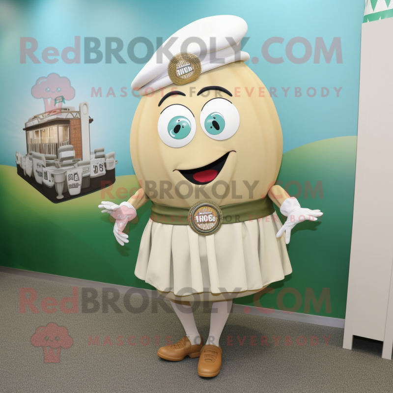 Olive Clam Chowder mascot costume character dressed with a Pencil Skirt and Bracelet watches Olive Clam Chowder mascot costume character dressed with a Pencil Skirt and Bracelet watches