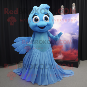 Sky Blue Betta Fish mascot costume character dressed with a Evening Gown and Mittens