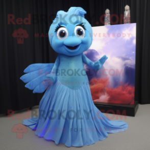 Sky Blue Betta Fish mascot costume character dressed with a Evening Gown and Mittens