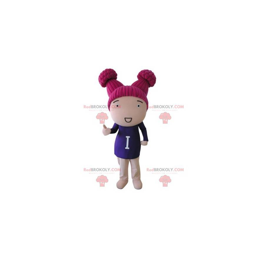 Meisjespop mascotte met roze haar - Redbrokoly.com