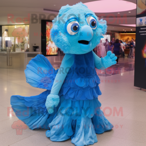 Sky Blue Betta Fish mascot costume character dressed with a Evening Gown and Mittens