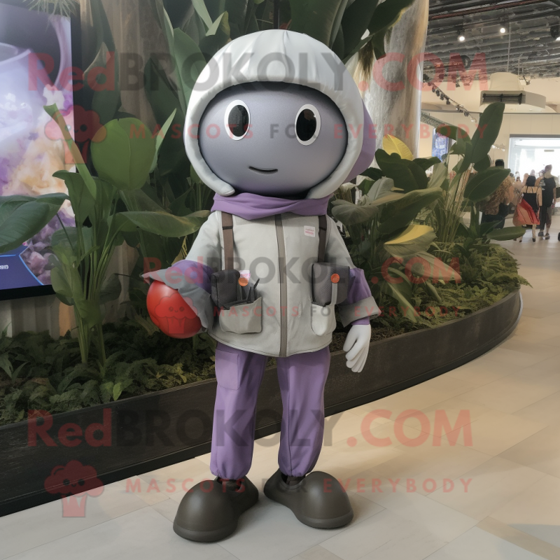 Silver Plum mascot costume character dressed with a Cargo Pants and Keychains Silver Plum mascot costume character dressed with a Cargo Pants and Keychains