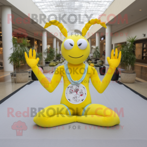 Lemon Yellow Crab mascot costume character dressed with a Yoga Pants and Necklaces