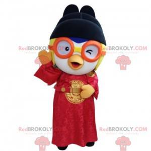 Mascota de pájaro en traje asiático con gafas - Redbrokoly.com
