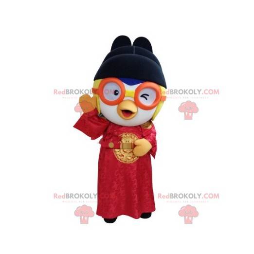 Mascota de pájaro en traje asiático con gafas - Redbrokoly.com