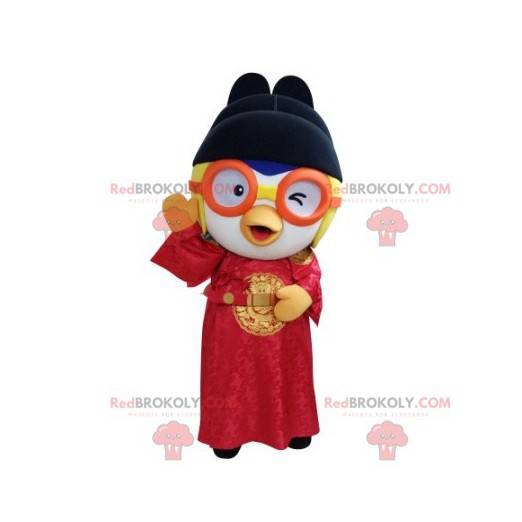 Mascotte d'oiseau en tenue asiatique avec des lunettes -